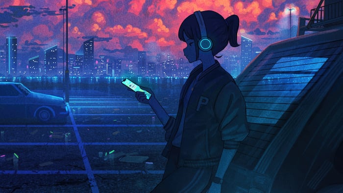 Girl Listening to Music on Phone in City