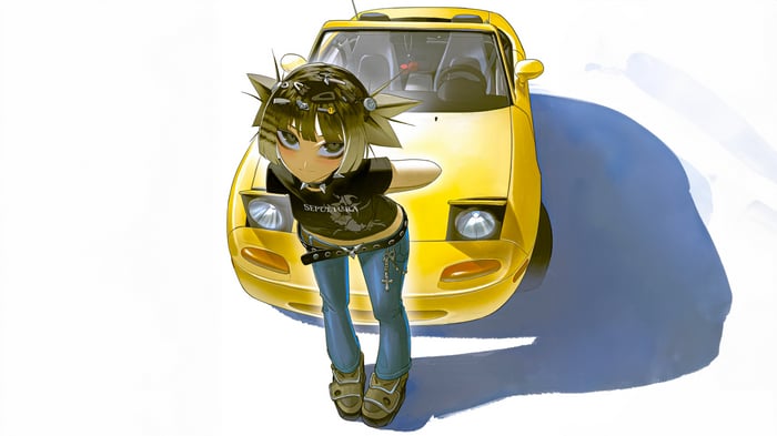 Anime girl leaning on a yellow car