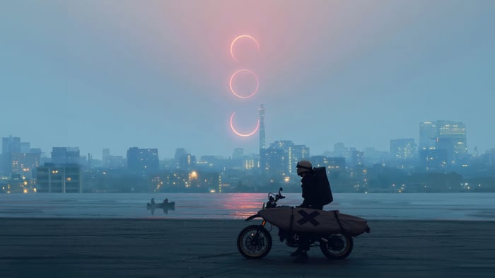 An Endless Dream Motorcycle Rider and Cityscape