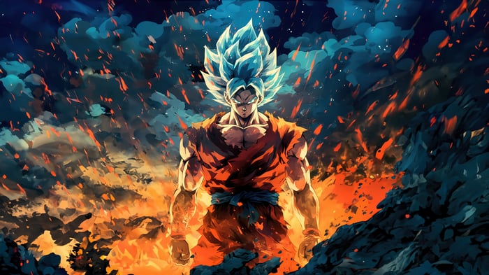 Goku in Super Saiyan Blue form amidst fire