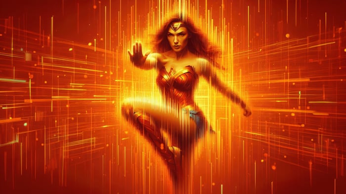 Wonder Woman in a dynamic pose with orange light streaks
