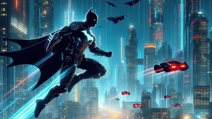 Batman Beyond Flying Over Futuristic City