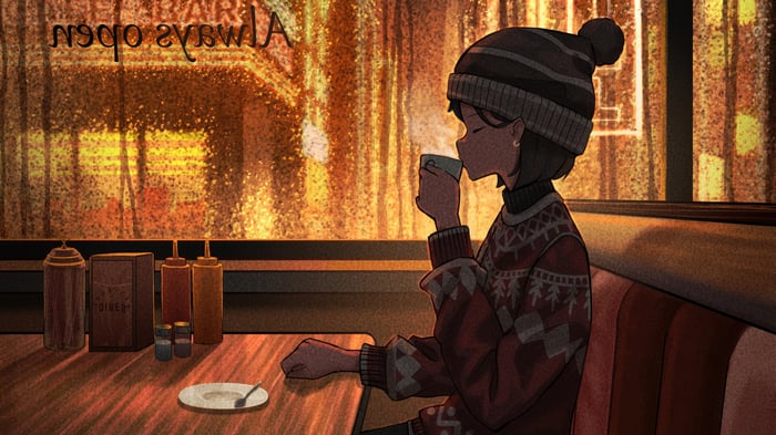Girl drinking coffee in a diner