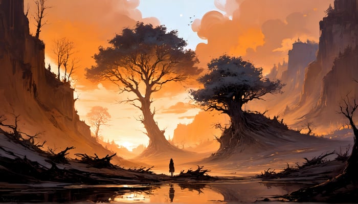 The Lost Travelers in a surreal landscape