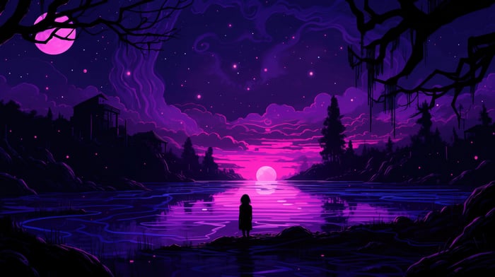A lone figure stands by a lake under a purple night sky.