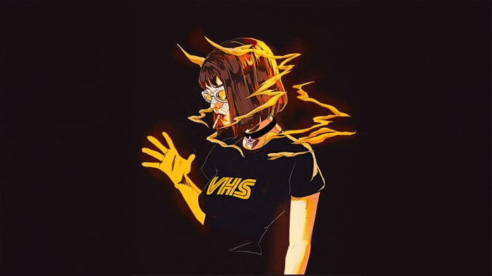 Girl with VHS shirt and glowing aura
