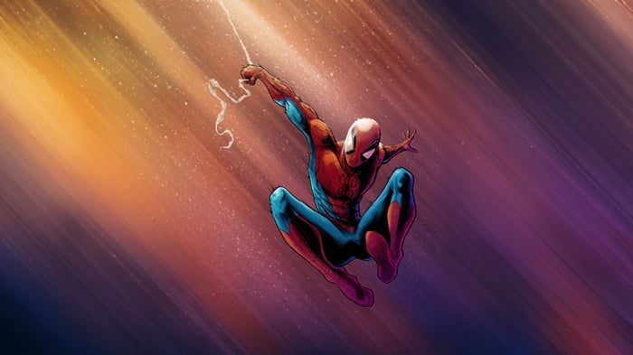 Spider-Man swinging through colorful light streaks