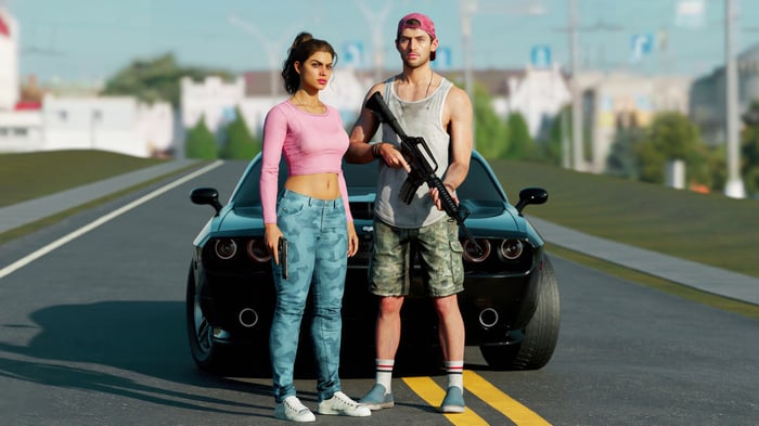 Jason and Lucia from GTA 6 with a car