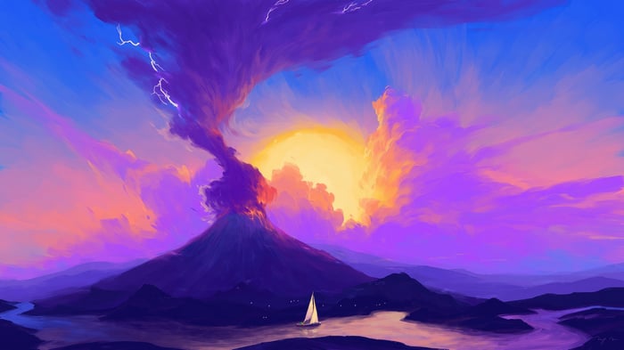 Volcanic Eruption at Sunset with Sailboat