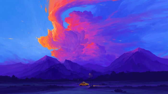 Sunset Symphony: A Yellow Car in a Mountainous Landscape