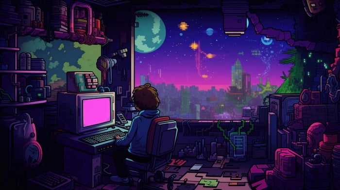 Person at computer overlooking futuristic city at night