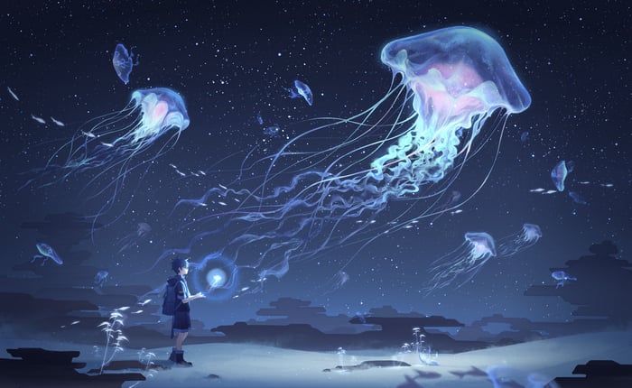 Anime boy with glowing orb and ethereal jellyfish in starry sky