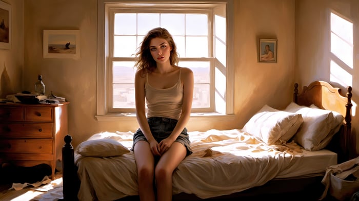 A young woman sits on a messy bed in a sunlit room.