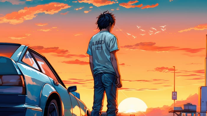 Man Standing Next to Car at Sunset