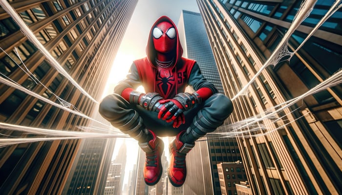 Spider-Man Crouching on Web Between NYC Skyscrapers