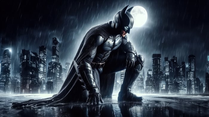 Batman Crouching in a Rainy City at Night