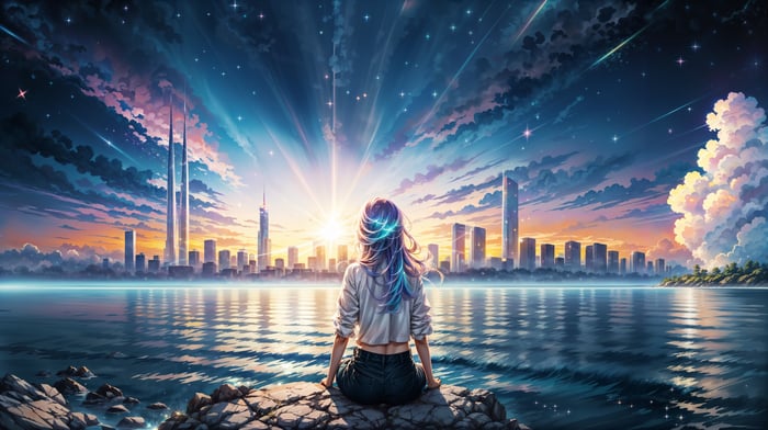 Anime girl sitting on rocks overlooking a futuristic city at sunset