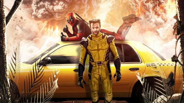 Deadpool and Wolverine on a yellow taxi with explosions