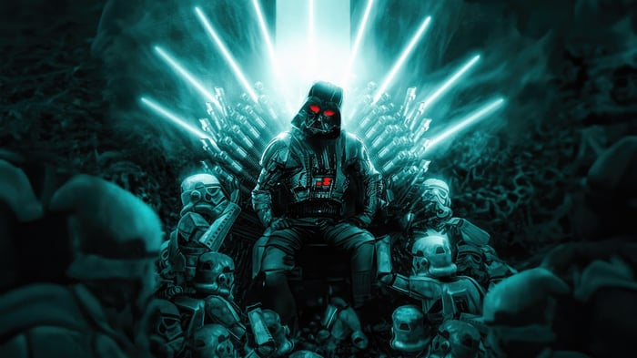 Darth Vader on the Iron Throne with Stormtroopers