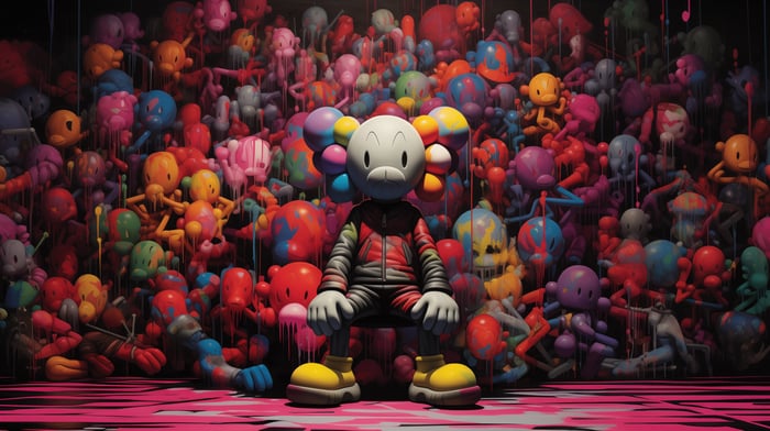 KAWS Companion Sitting Amidst Colorful Toys