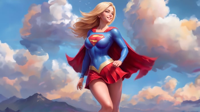 Supergirl flying in the sky with clouds and mountains