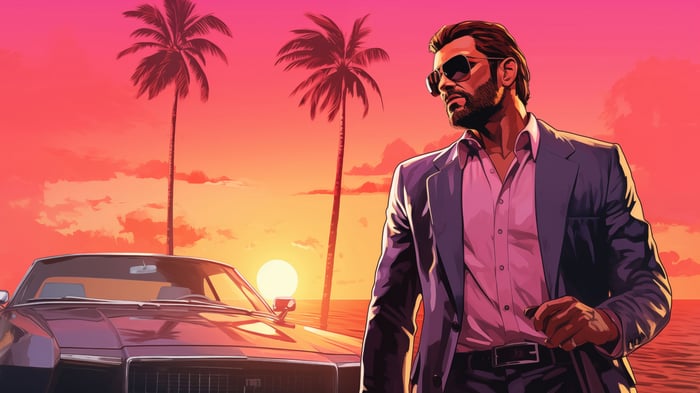 Man in Suit Standing by Car with Palm Trees and Sunset
