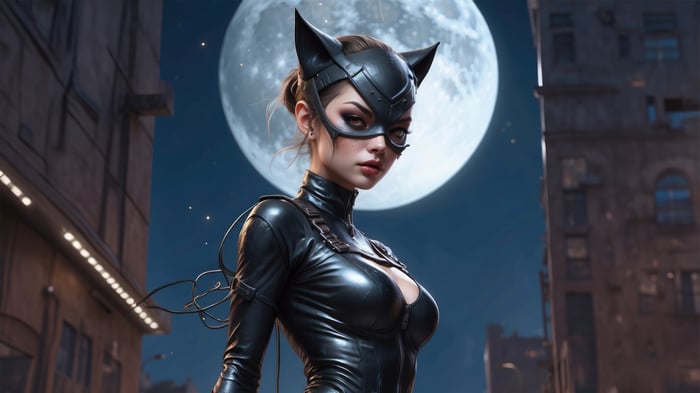 Catwoman in a black leather suit against a full moon