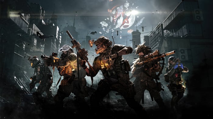 Soldiers in a destroyed city with debris in the sky