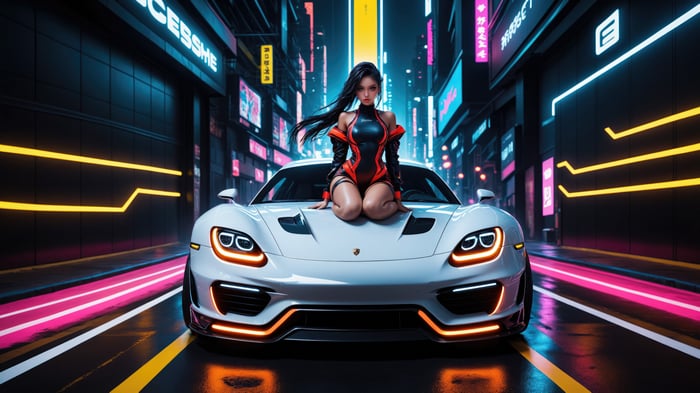 Girl in cyberpunk outfit sitting on a white Porsche