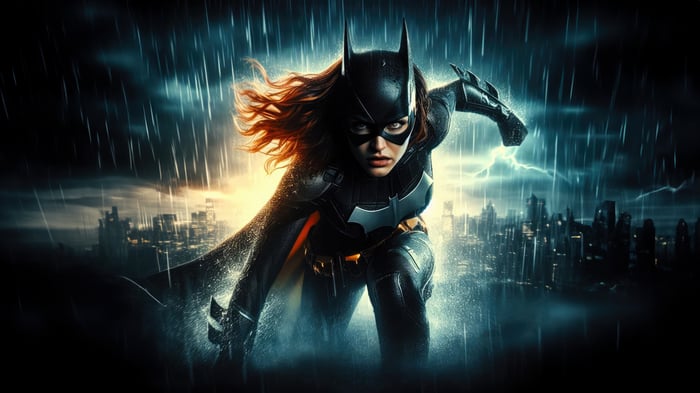 Batgirl in a stormy city at night