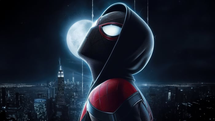 Spider-Man in a hoodie overlooking a city at night