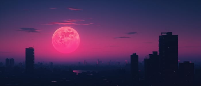Synthwave city skyline with a large pink moon