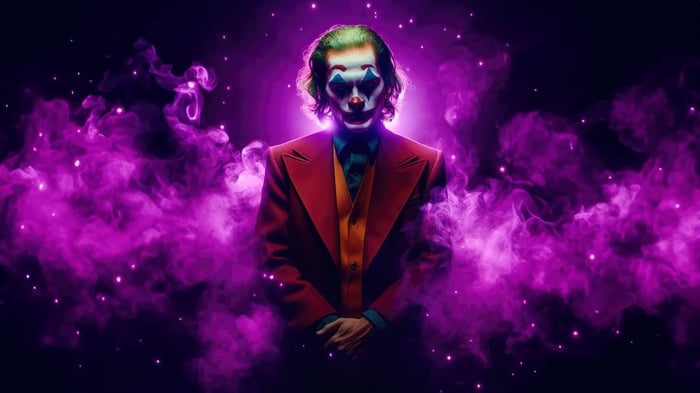 Joker surrounded by purple smoke and lights