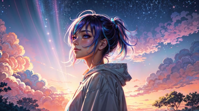 Anime girl with sparkling eyes under a starry sky