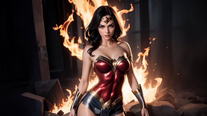 Wonder Woman in front of a fire
