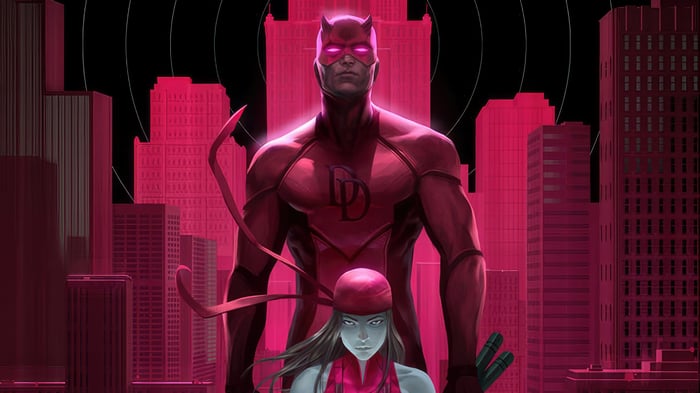 Daredevil and Elektra in a city