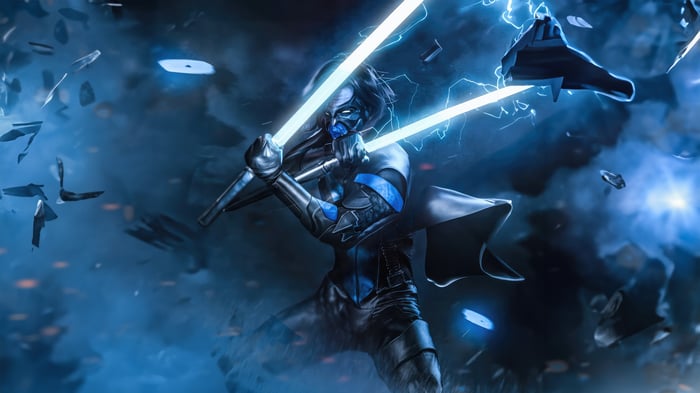 Nightwing dual-wielding lightsabers in battle