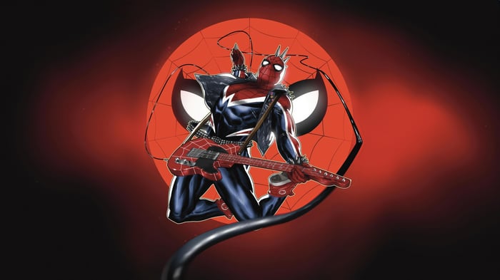 Spider-Punk Playing Guitar with Spider-Man Background