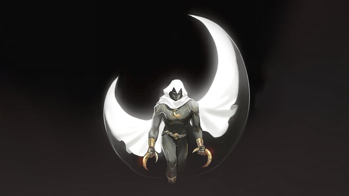 Moon Knight in front of a crescent moon