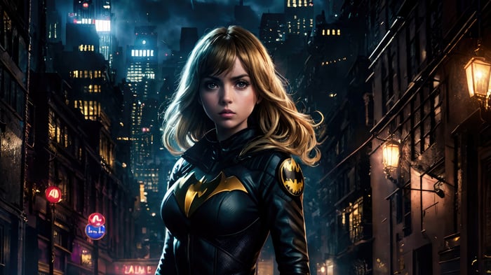 Batgirl in a dark city street