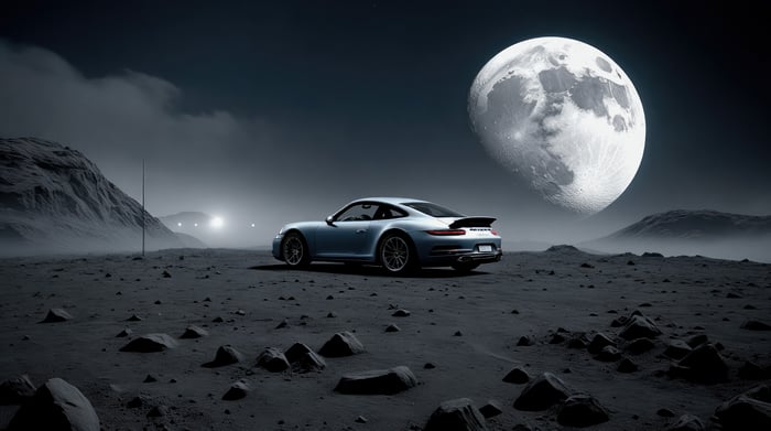 Porsche on the Moon with a Large Moon