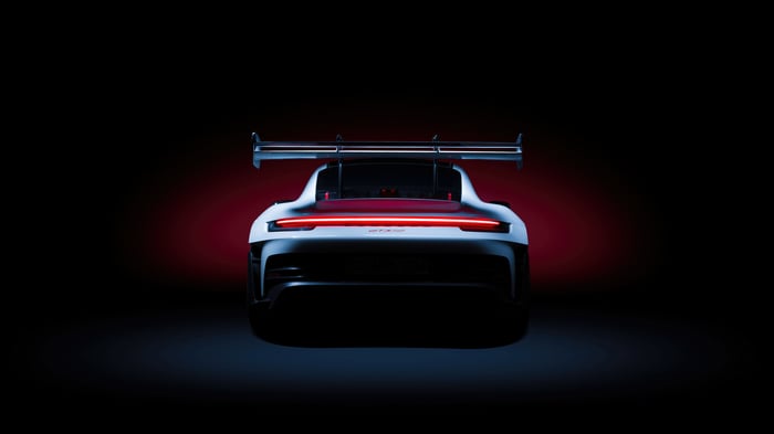 Rear view of a white Porsche 911 GT3 RS 2024