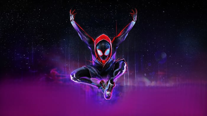 Miles Morales in a dynamic pose against a starry background