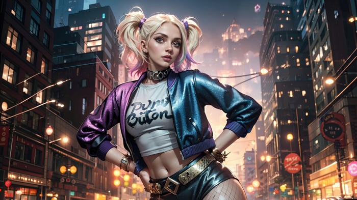 Harley Quinn in a Shiny Jacket in a City at Night