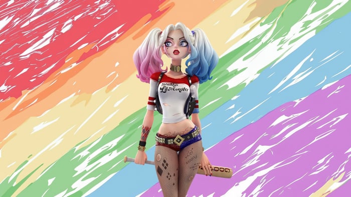 Harley Quinn with Baseball Bat on Rainbow Background