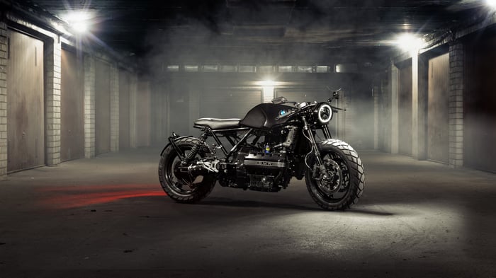 Black BMW Cafe Racer Motorcycle in Garage