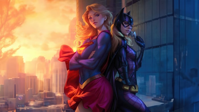 Supergirl and Batgirl team up in a city at sunset