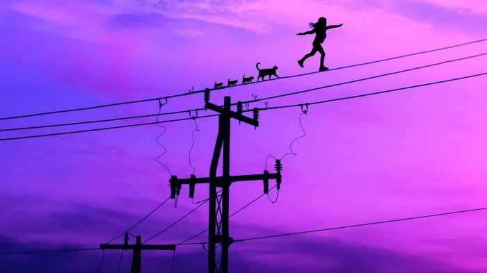 Girl and cats walking on power lines at sunset
