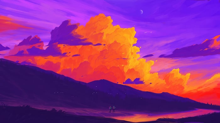 Two figures walk towards fire-kissed clouds over mountains