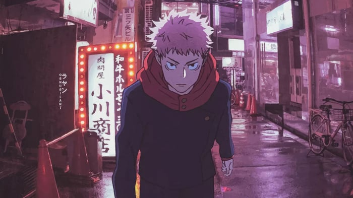 Yuji Itadori walks down a rainy street at night